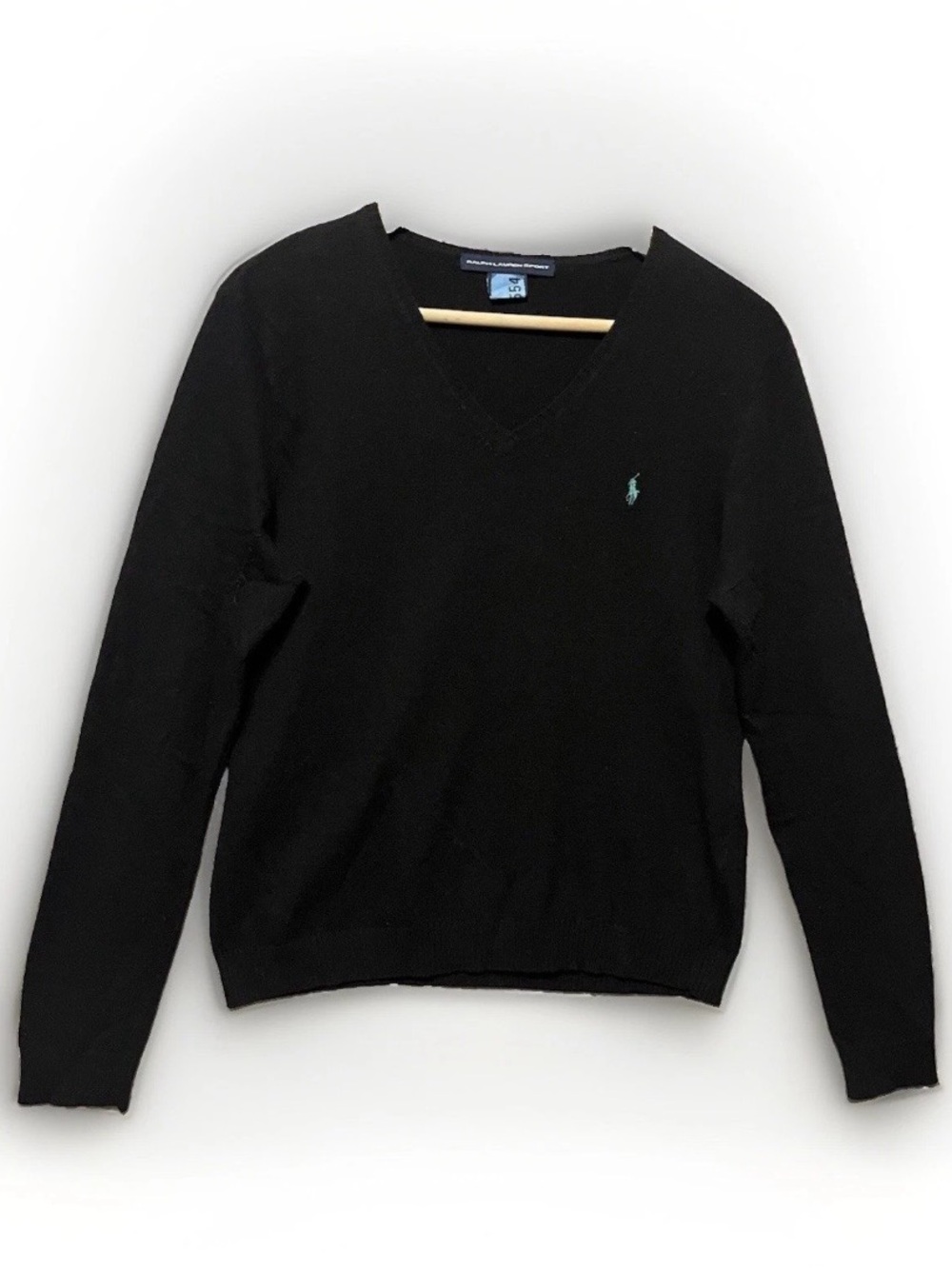 Ralph Lauren Sport Cashmere Wool Blend Sweater Black V Neck Womens L XL READ